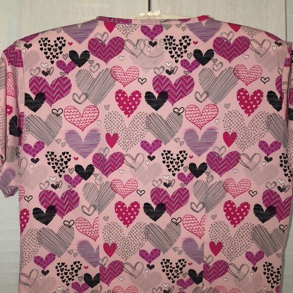 Happy Scrubs XS Heart Print Pink Black Scrub Top - Picture 4 of 14